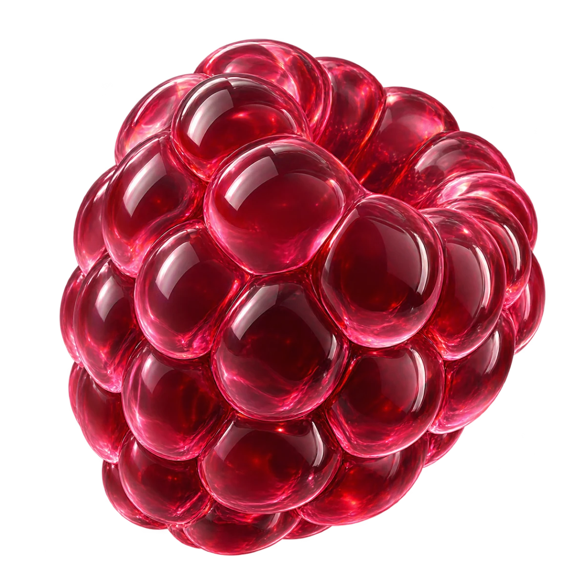 A raspberry sculpture made of translucent ruby glass